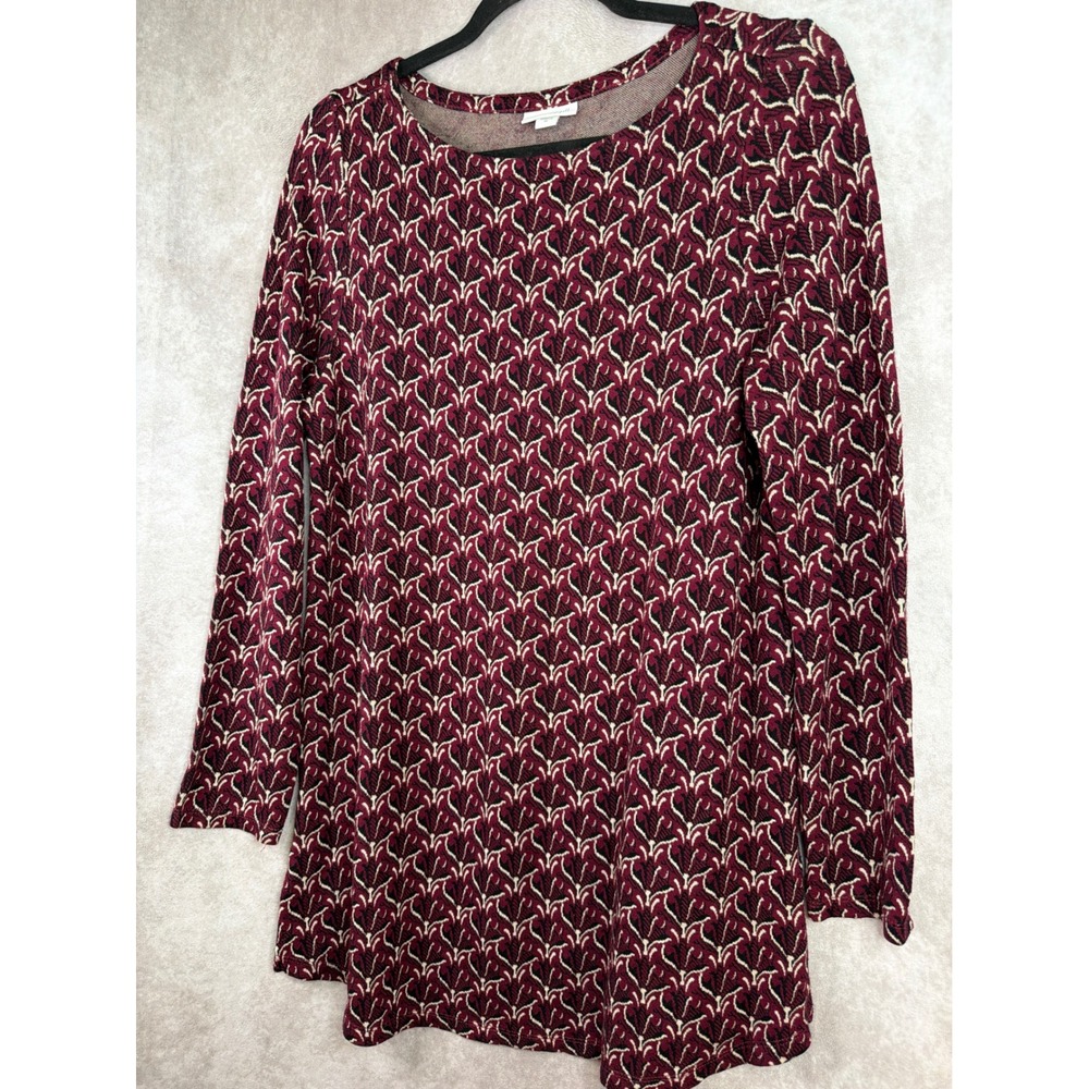 J. Jill Tunic Top Women Medium Burgundy Geometric Ponte Knit Long Sleeve Scoop - Picture 2 of 6